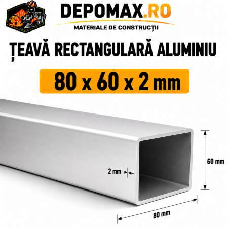 Teava rectangulara aluminiu 80 x 60 x 2 mm, 6 metri (EN AW-6060)